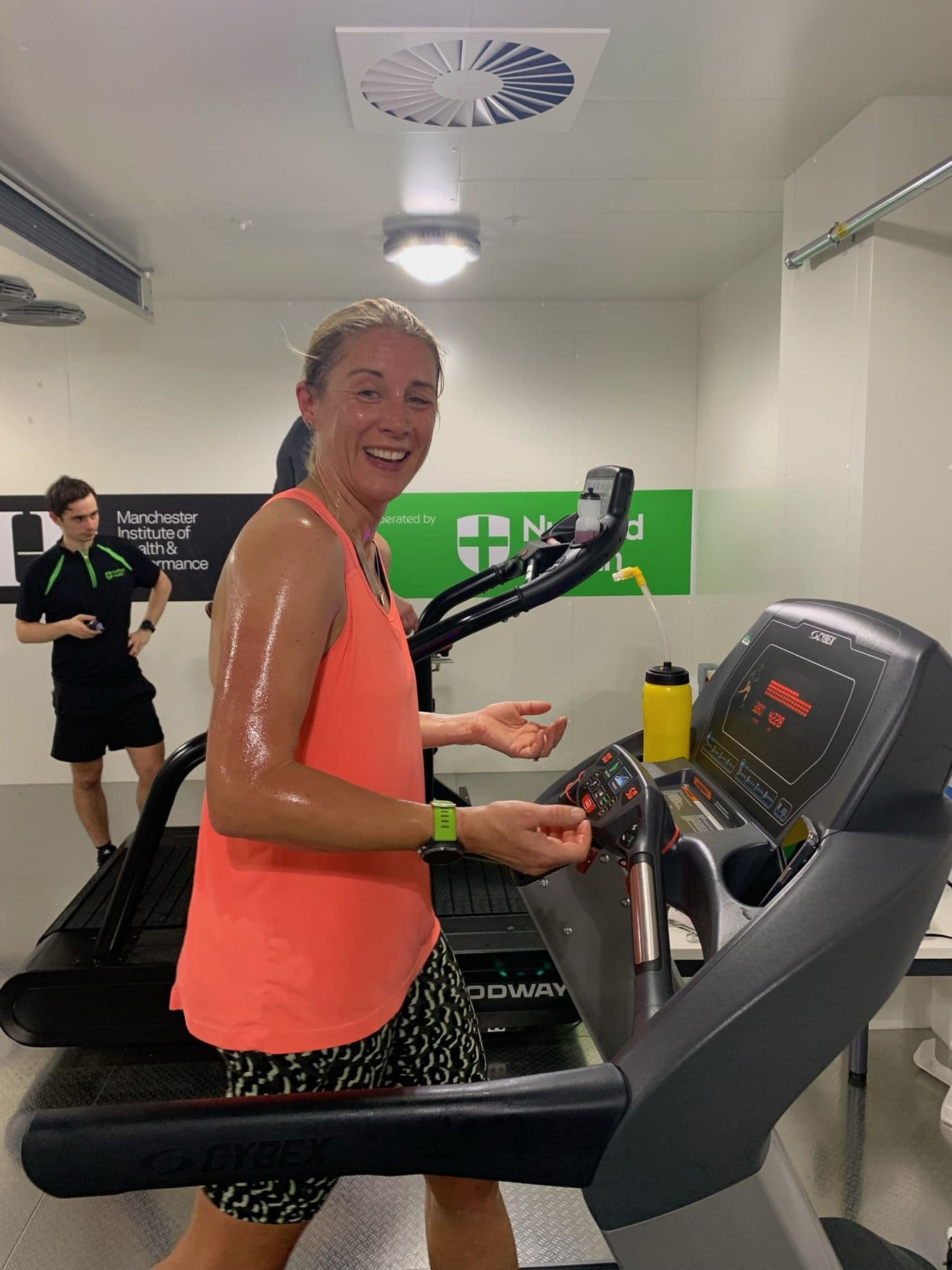 Charlotte sweating on a treadmill in the heat chamber in Manchester