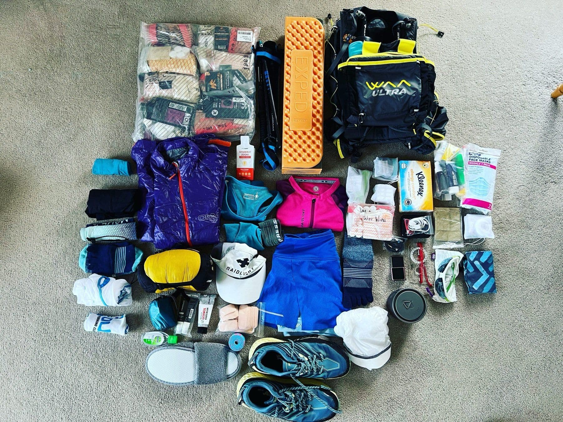 Complete Marathon des Sables kit laid out on the floor before packing