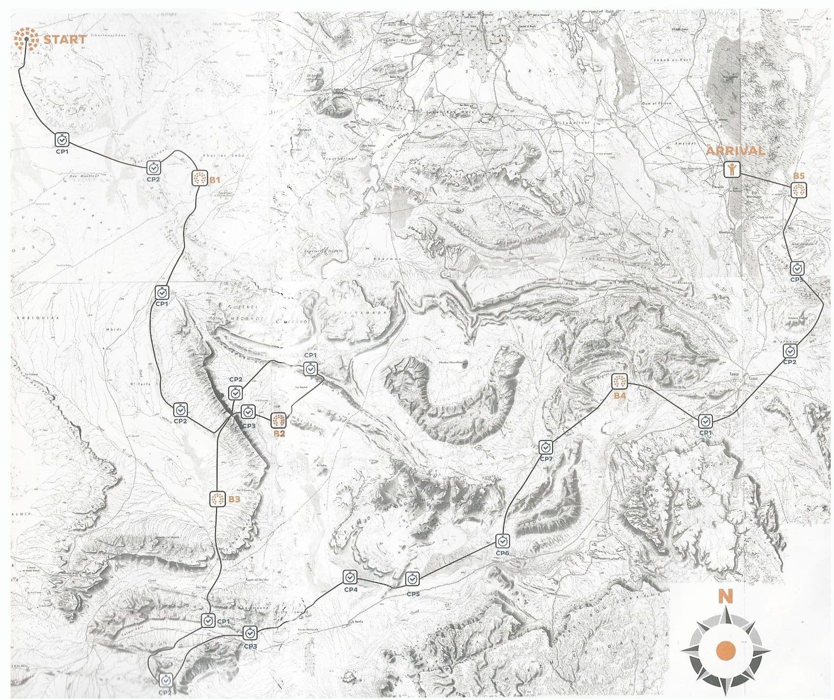 Map of the 2022 Marathon des Sables route with checkpoints and bivouacs