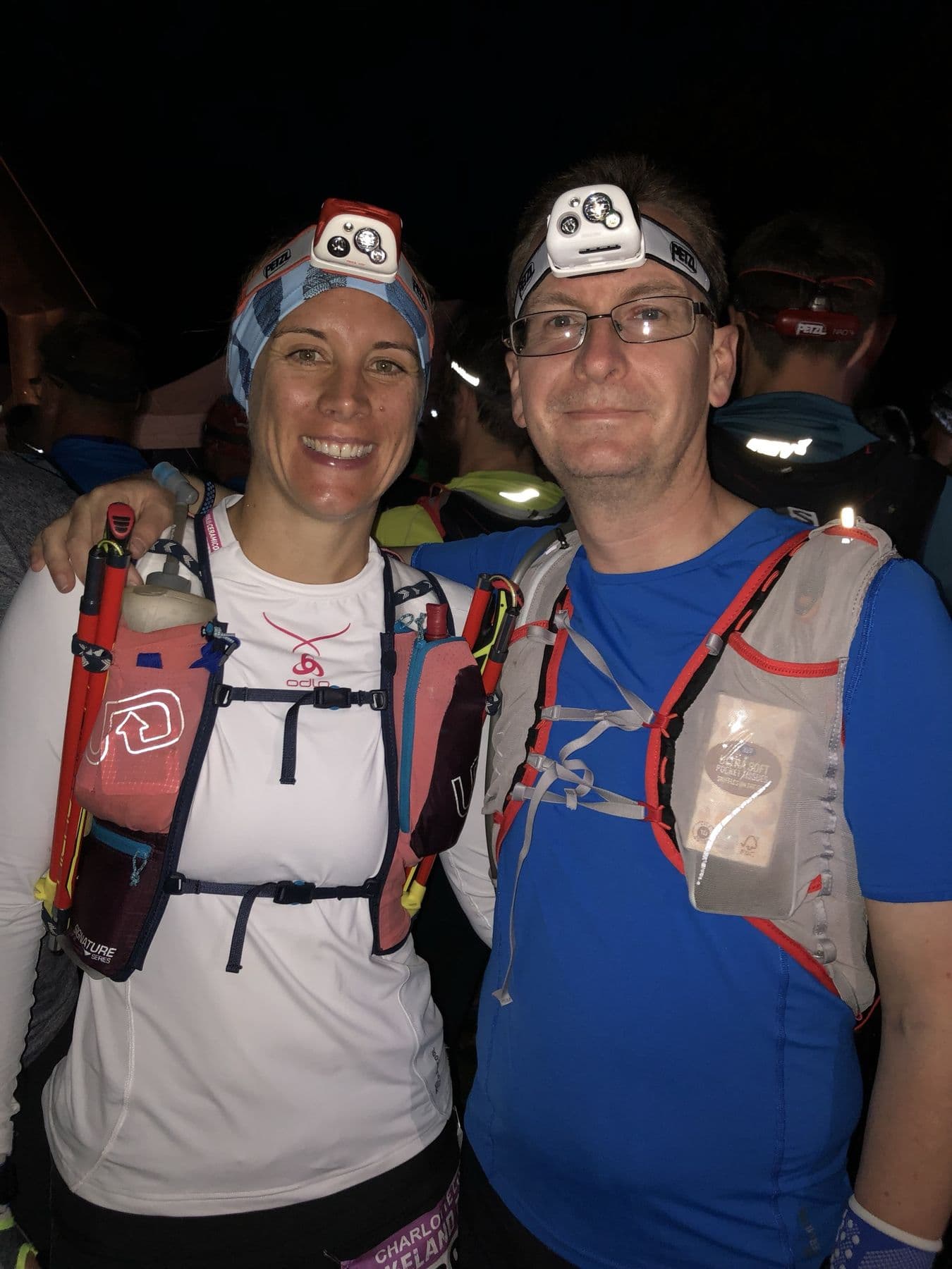 Runner and Scott in head torches at the midnight start of the Lakeland Trails 100km